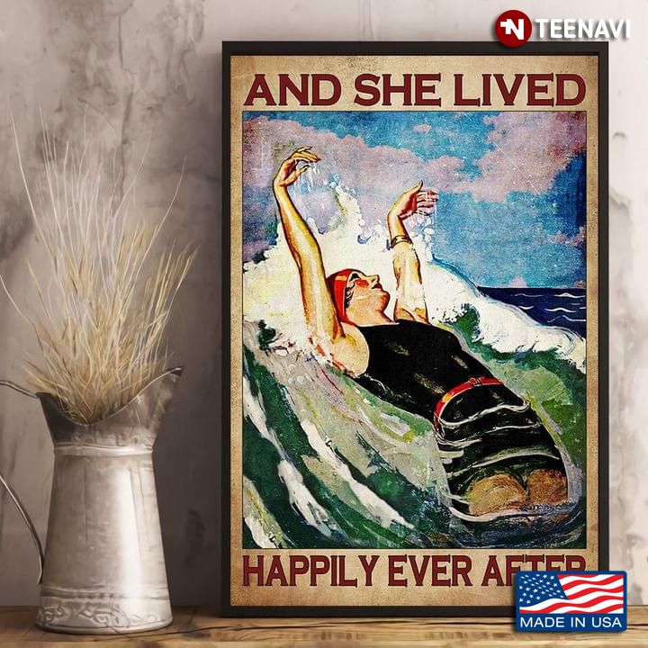Vintage Girl Swimming & Playing With Sea Waves And She Lived Happily Ever After