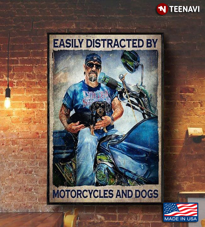 Vintage Cool Biker & Dachshund Dog Sitting On Bike Easily Distracted By Motorcycles And Dogs