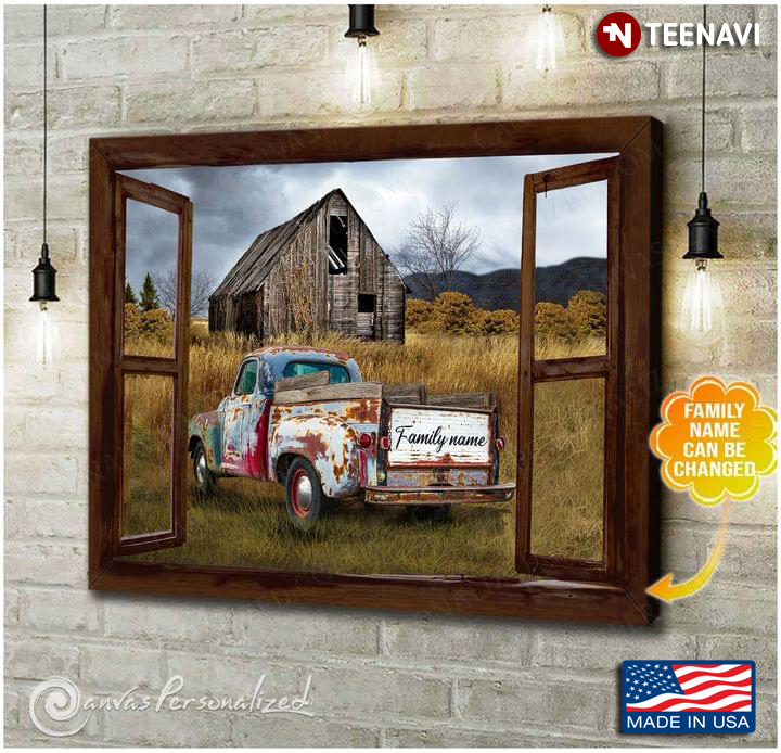 Vintage Customized Family Name Farm Barn Window Frame With Old Red Truck On Farm