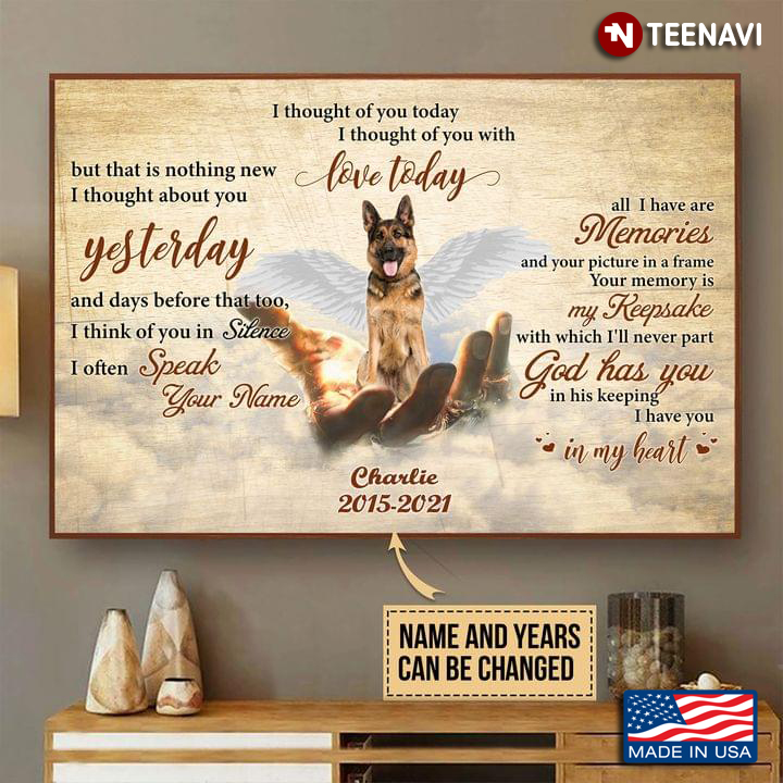 Vintage Customized Name & Year German Shepherd With Angel Wings Sitting On Jesus's Hand I Thought Of You Today