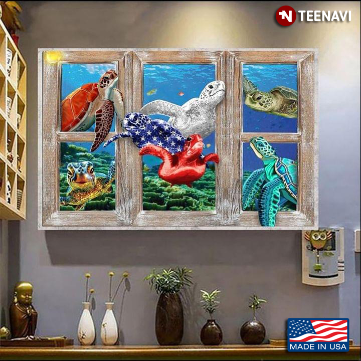 Vintage Window Frame With Sea Turtles Underwater And American Flag