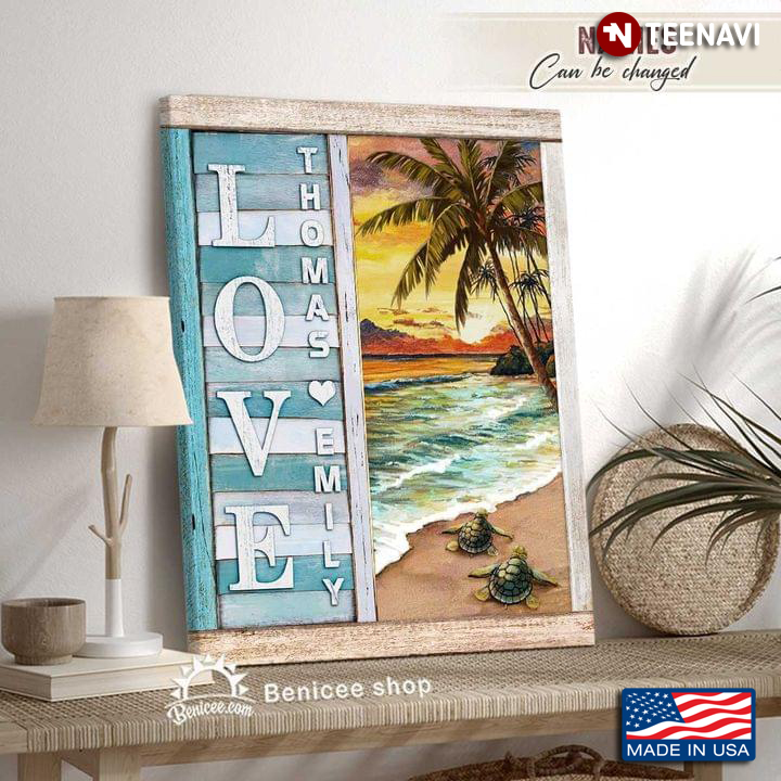 Vintage Customized Name Window Frame With Couple Of Sea Turtles Crawling On Sandy Beach Love