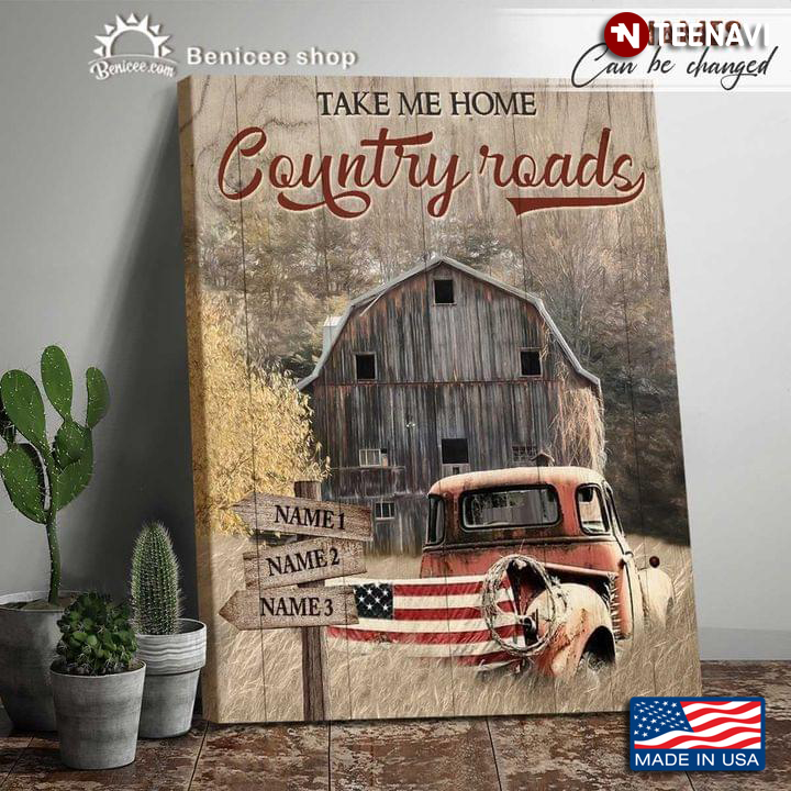 Vintage Customized Name Old Red Truck With American Flag & Crown Of Thorns On Farm Take Me Home Country Roads