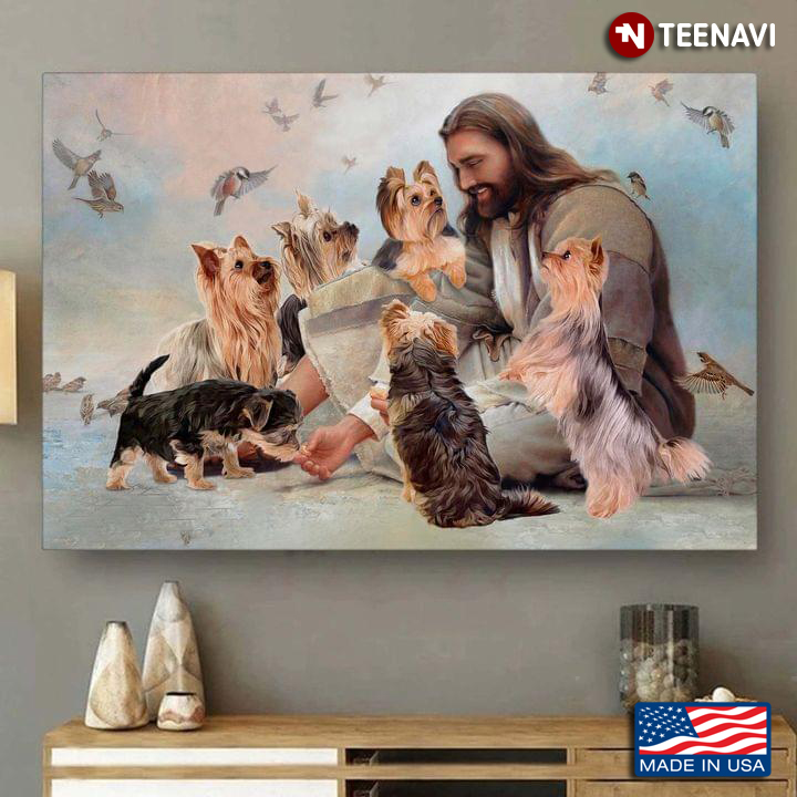 Vintage Smiling Jesus Christ Playing With Yorkshire Terrier Dogs And Birds Flying Around Poster