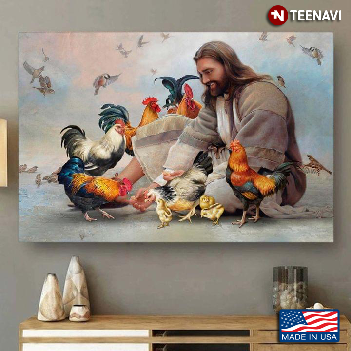 Vintage Smiling Jesus Christ Playing With Chickens And Birds Flying Around