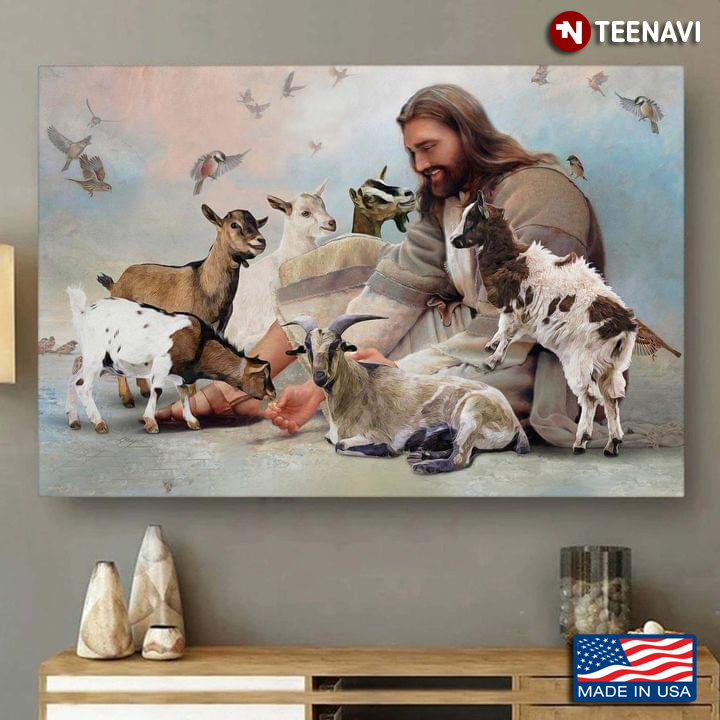 Vintage Smiling Jesus Christ Playing With Goats And Birds Flying Around