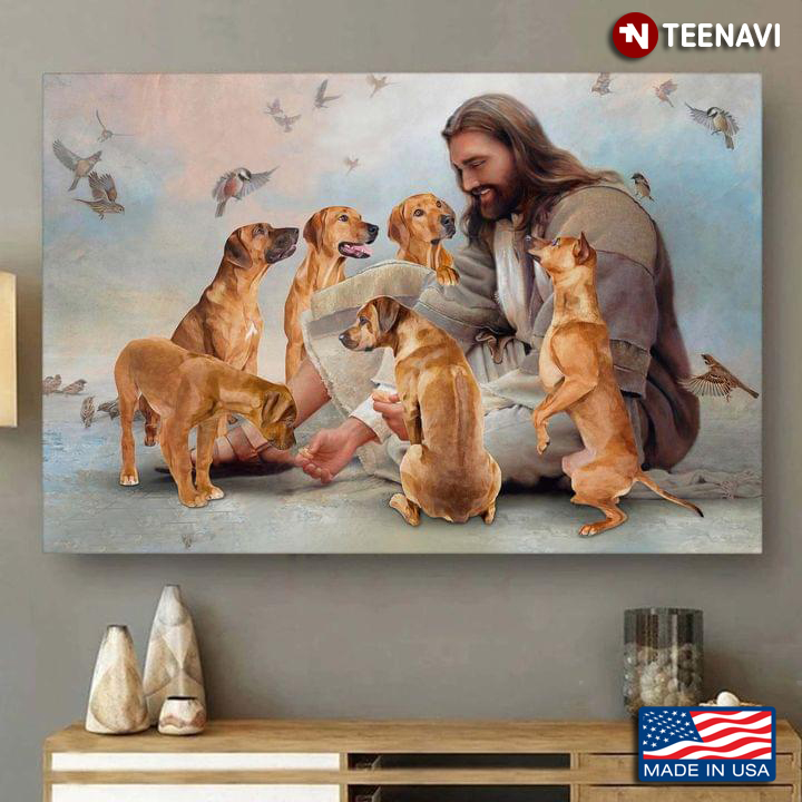 Vintage Smiling Jesus Christ Playing With Rhodesian Ridgeback Dogs And Birds Flying Around