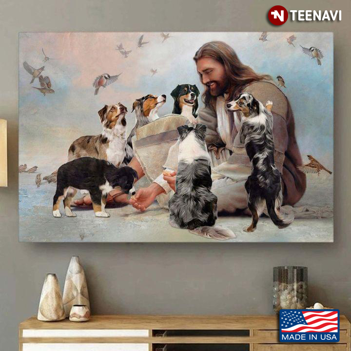 Vintage Smiling Jesus Christ Playing With Australian Shepherd Dogs And Birds Flying Around