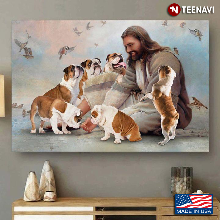 Vintage Smiling Jesus Christ Playing With English Bulldog Dogs And Birds Flying Around