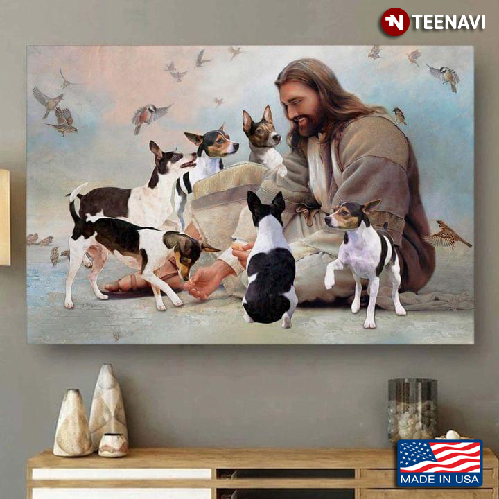 Vintage Smiling Jesus Christ Playing With Parson Russell Terrier Dogs And Birds Flying Around