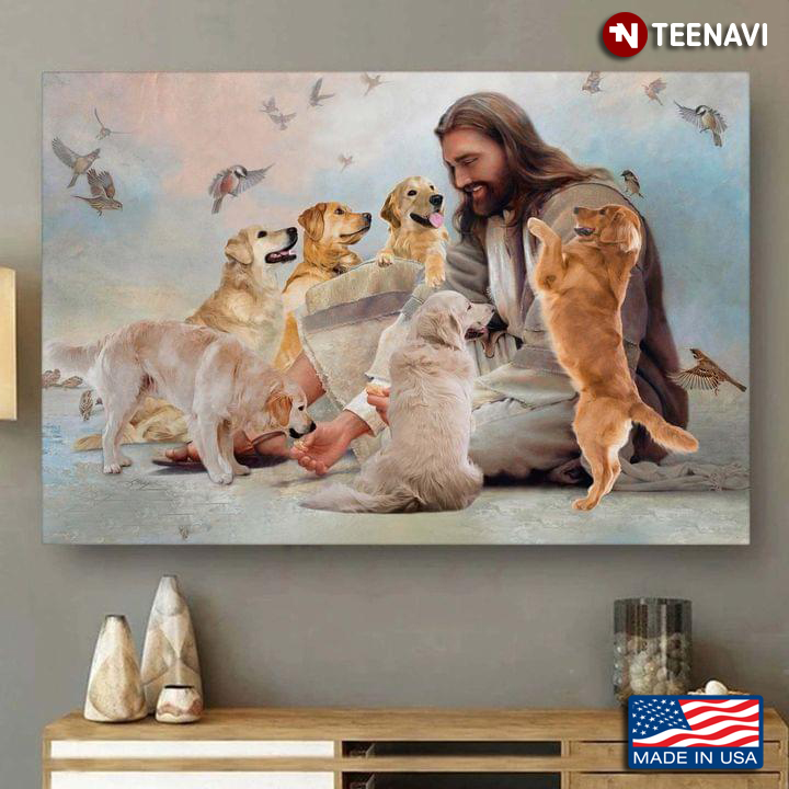 Vintage Smiling Jesus Christ Playing With Golden Retriever Dogs And Birds Flying Around
