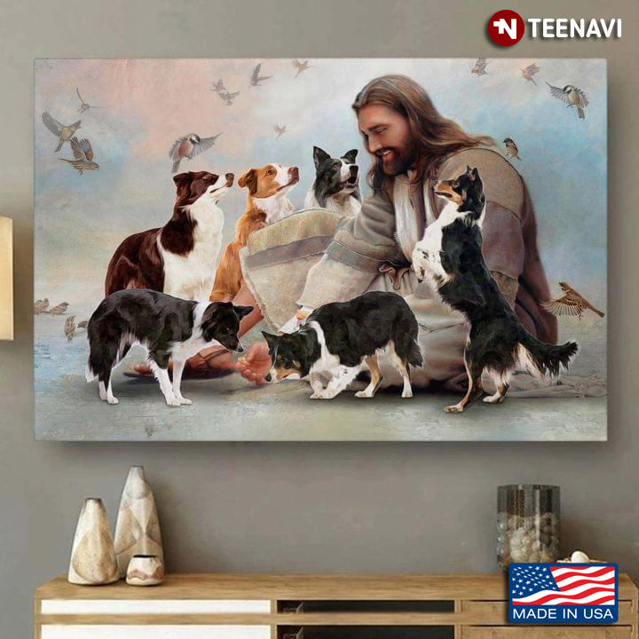 Vintage Smiling Jesus Christ Playing With Border Collie Dogs And Birds Flying Around