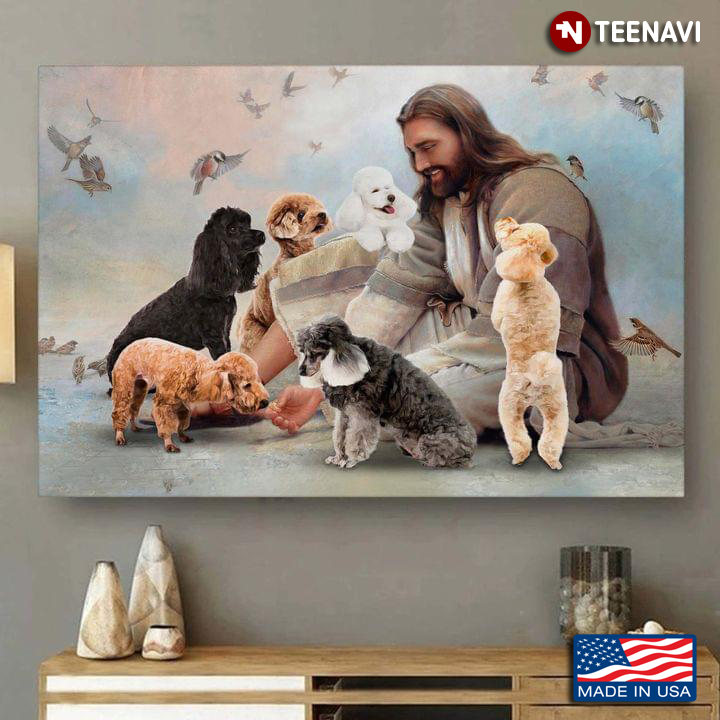 Vintage Smiling Jesus Christ Playing With Poodle Dogs And Birds Flying Around