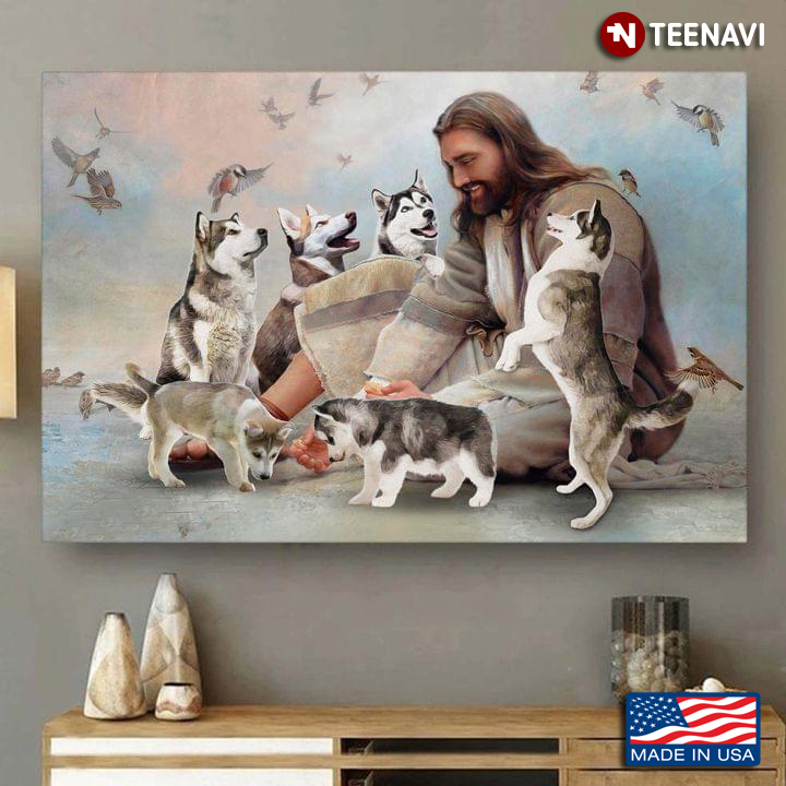 Vintage Smiling Jesus Christ Playing With Siberian Husky Dogs And Birds Flying Around