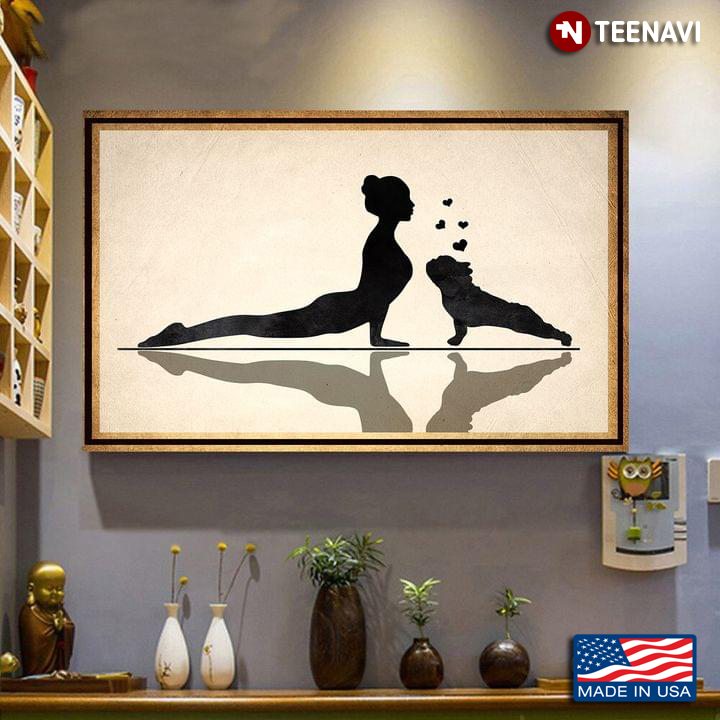 Vintage Girl And French Bulldog Doing Yoga With Hearts Silhouette