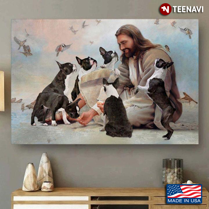 Vintage Smiling Jesus Christ Playing With Boston Terrier Dogs And Birds Flying Around