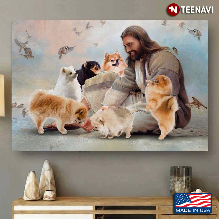 Vintage Smiling Jesus Christ Playing With Pomeranian Dogs And Birds Flying Around