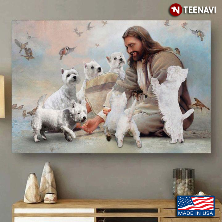 Vintage Smiling Jesus Christ Playing With West Highland White Terrier Dogs And Birds Flying Around