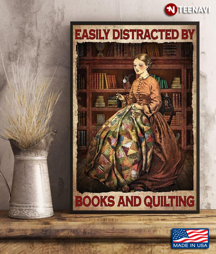 Vintage Girl In Library Quilting Easily Distracted By Books And Quilting