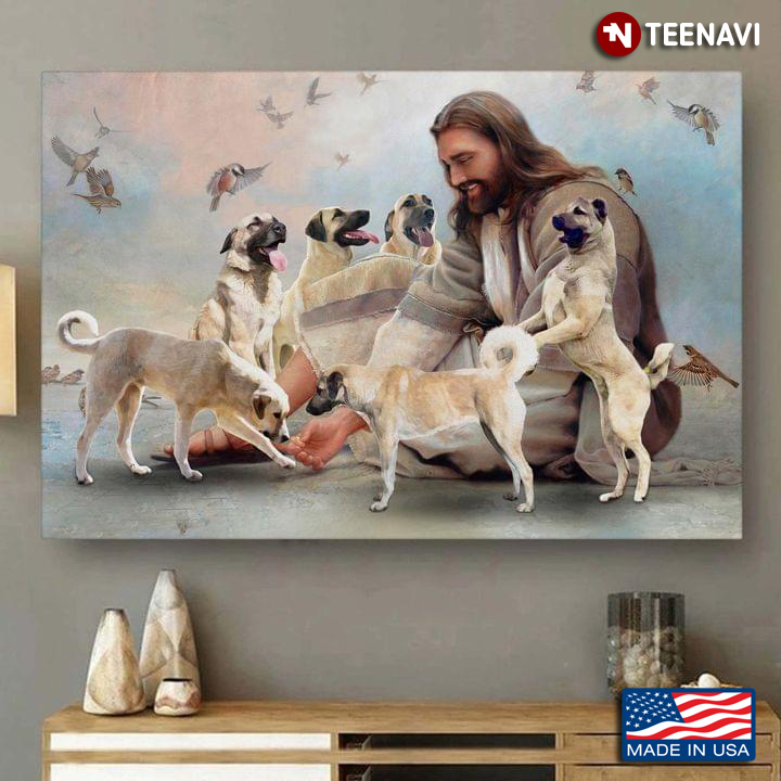 Vintage Smiling Jesus Christ Playing With Anatolian Shepherd Dogs And Birds Flying Around