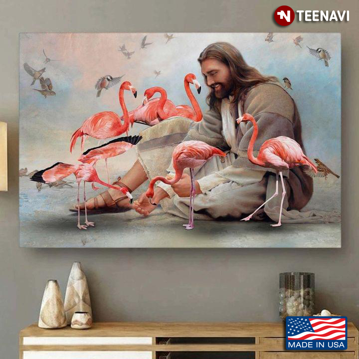 Vintage Smiling Jesus Christ Playing With Flamingos And Birds Flying Around