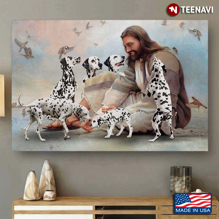 Vintage Smiling Jesus Christ Playing With Dalmatian Dogs And Birds Flying Around