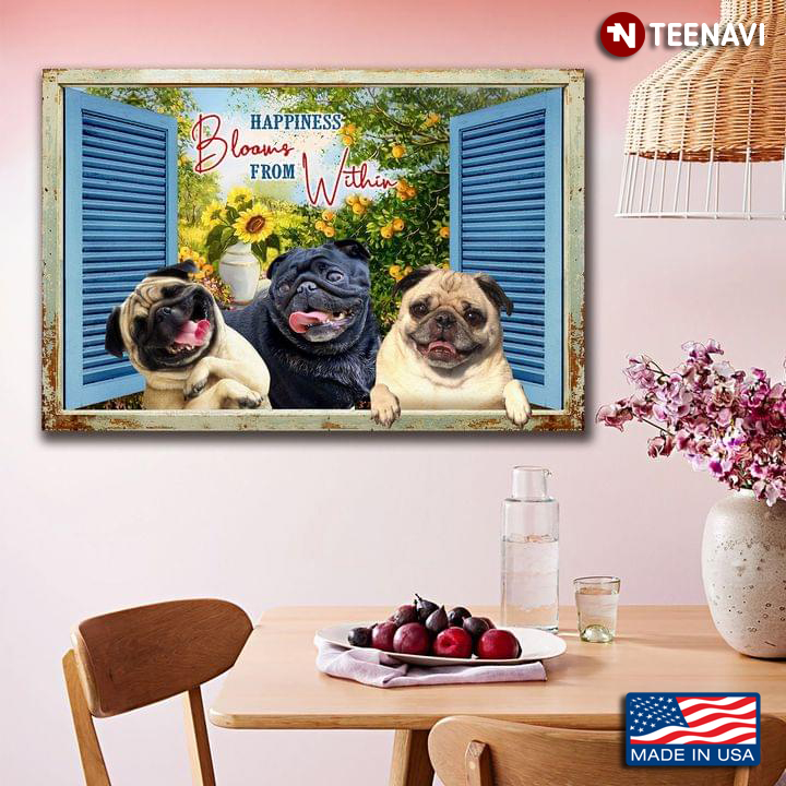 Vintage Blue Window Frame With Pug Dogs In The Garden Happiness Blooms From Within