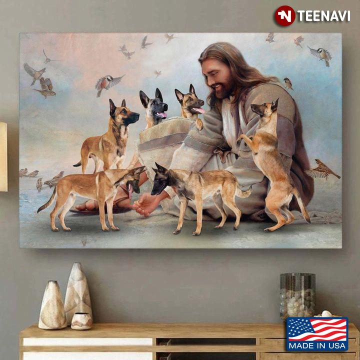 Vintage Smiling Jesus Christ Playing With Malinois Dogs And Birds Flying Around