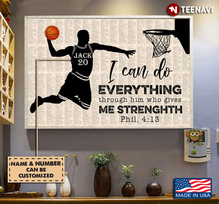 Vintage Book Page Theme Basketball Player Silhouette I Can Do Everything Through Him Who Gives Me Strength Phil. 4:13