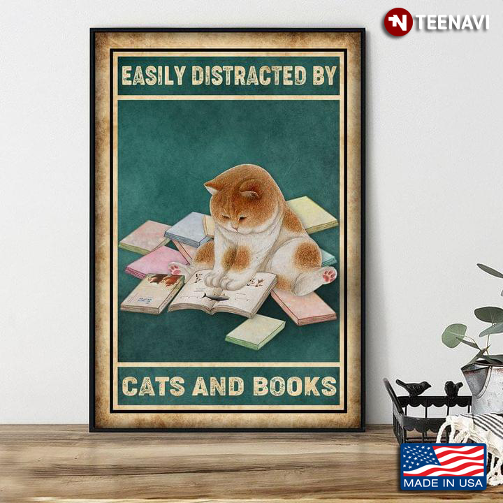 Vintage Orange And White Cat Reading Book Easily Distracted By Cats & Books