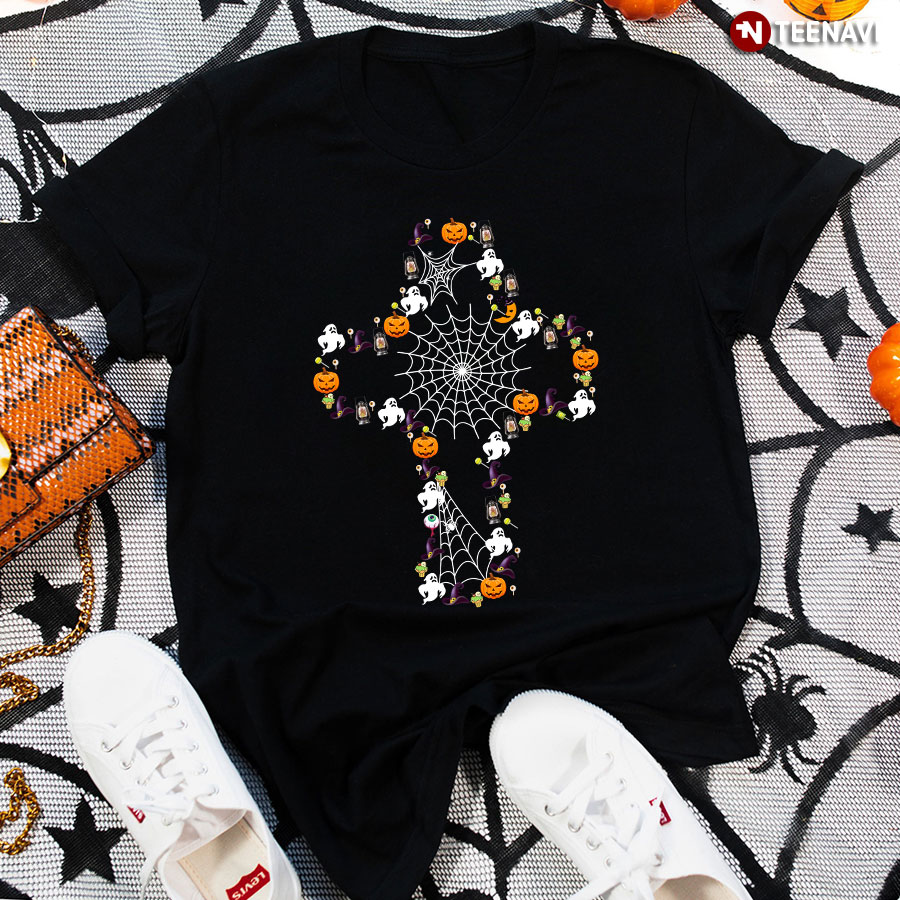 Halloween Cross Boos Pumpkins and Spider Web for Christian T-Shirt