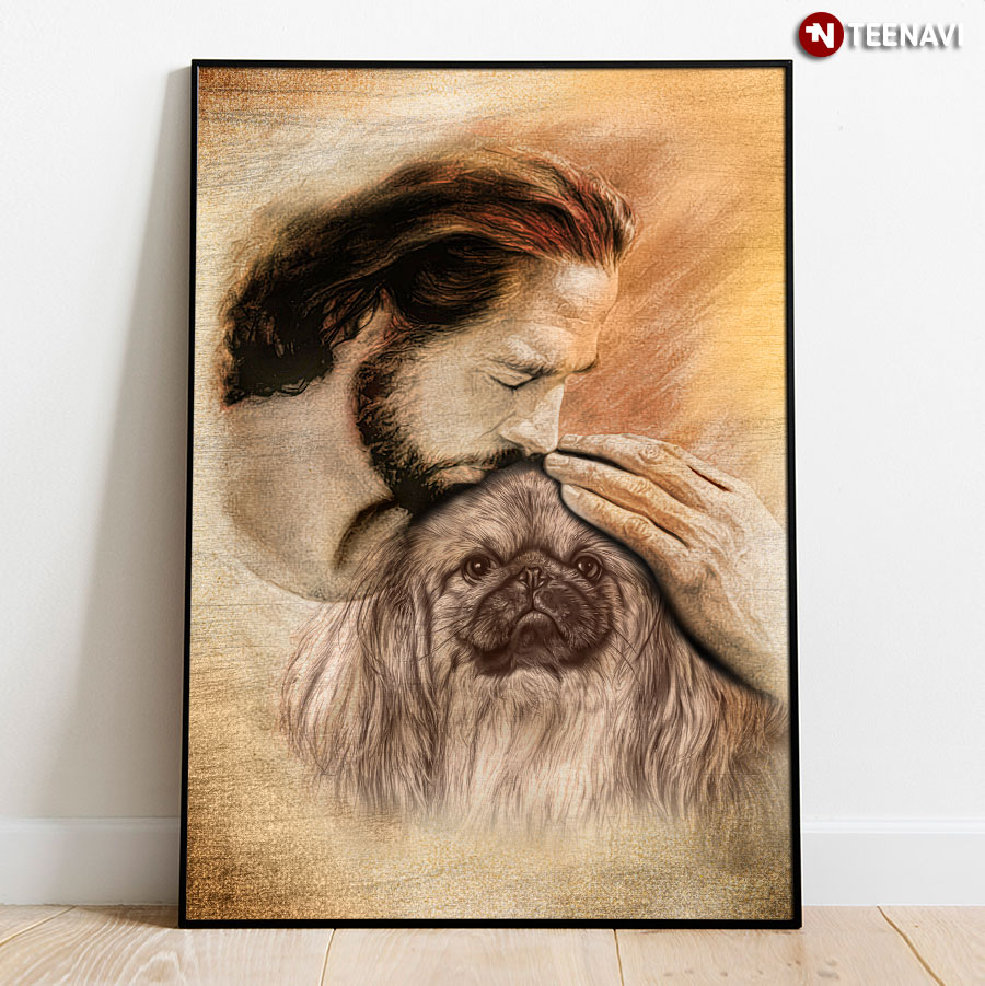 Vintage Jesus Christ Kissing Pekingese Dog Poster