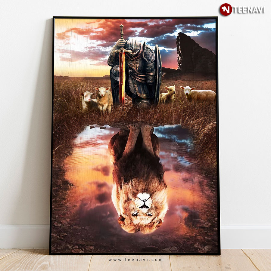 Kneeling Warrior And Lion Water Reflection With Lambs Around Poster