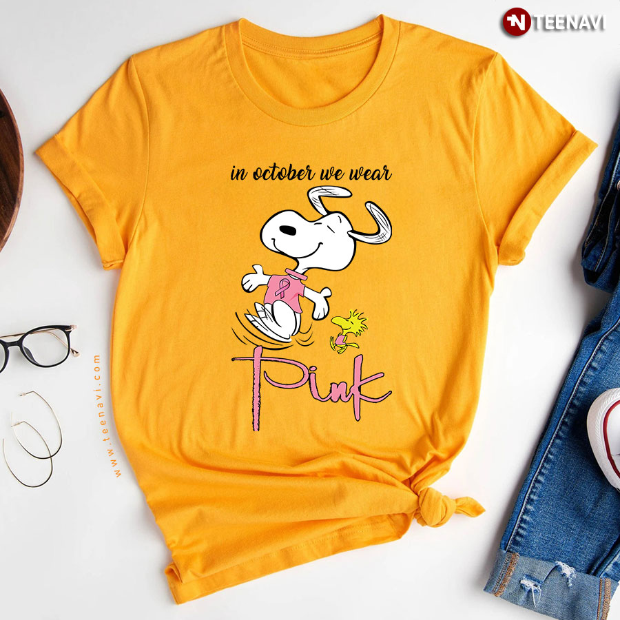 In October We Wear Pink Snoopy And Woodstock Breast Cancer Awareness
