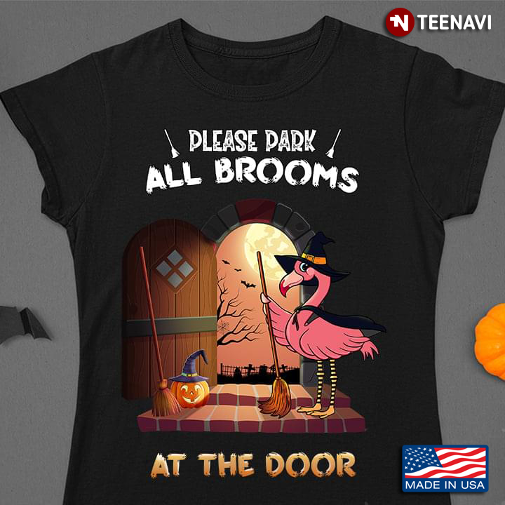 Please Dark All Brooms At The Door Flamingo Pumpkin Halloween