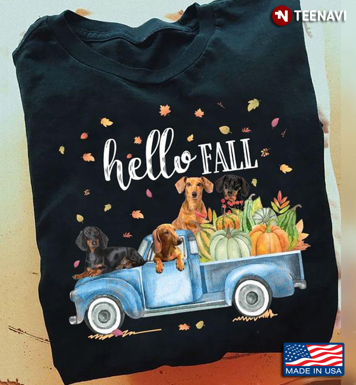 Hello Fall Dachshunds and Pumpkins on Blue Car for Dog Lover