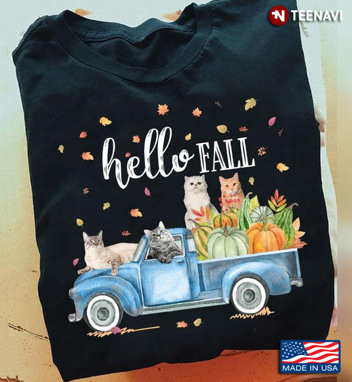 Hello Fall Lovely Cats and Pumpkin on Blue Car