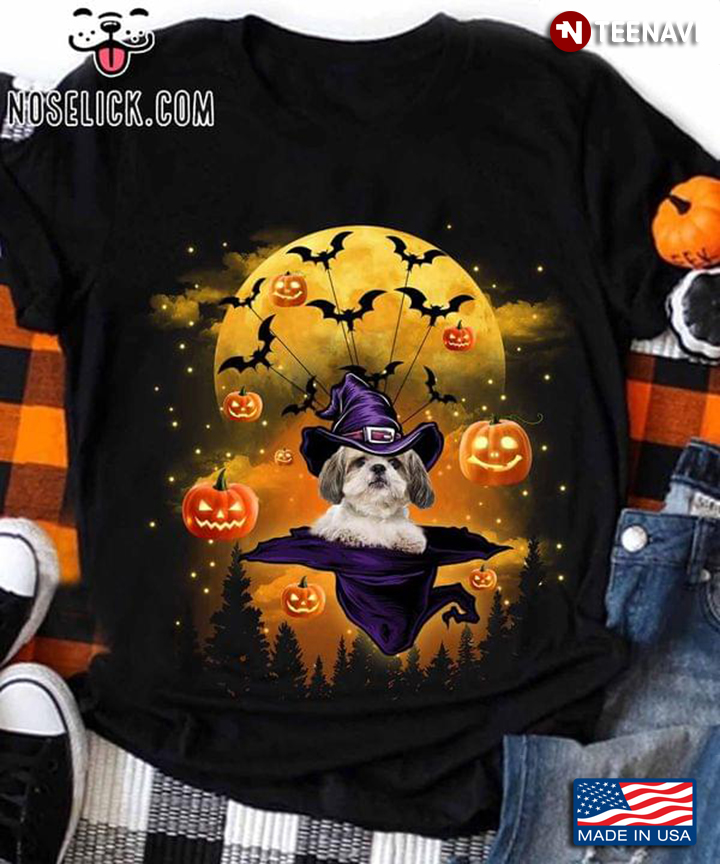 Lovely Shih Tzu in Halloween Costume with Scary Pumpkins and Bats