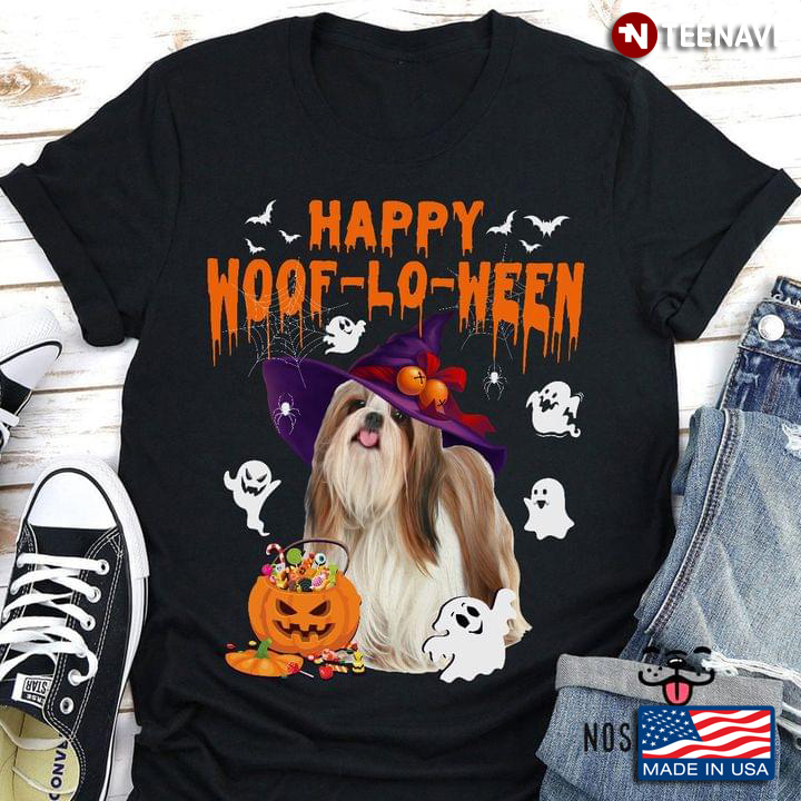 Happy Woof-Lo-Ween Funny Shih Tzu in Witch Costume and Ghost Boo