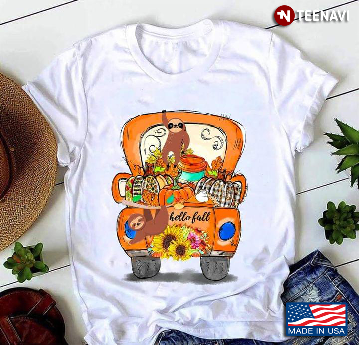 Funny Sloths on Orange Truck Hello Fall for Animal and Autumn Lover