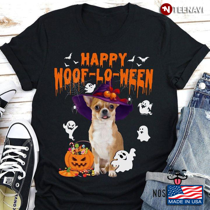 Happy Woof-Lo-Ween Funny Chihuahua in Witch Costume and Ghost Boo