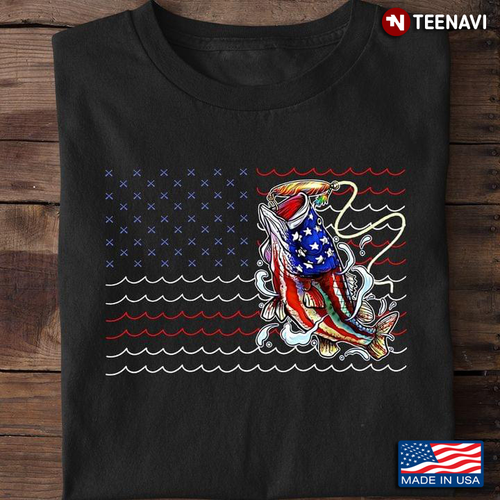 Jumping Fish and Waves American Flag for Patriotic Fishing Lover