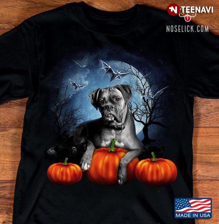 Black Boxer Dog and Pumpkins Halloween Night for Dog Lover