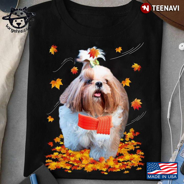 Adorable Shih Tzu Walking in Autumn Leaves for Dog Lover