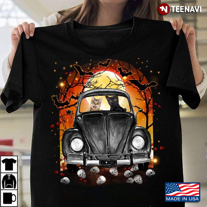 Funny Cat on Classic Car Halloween Night for Cat Lover