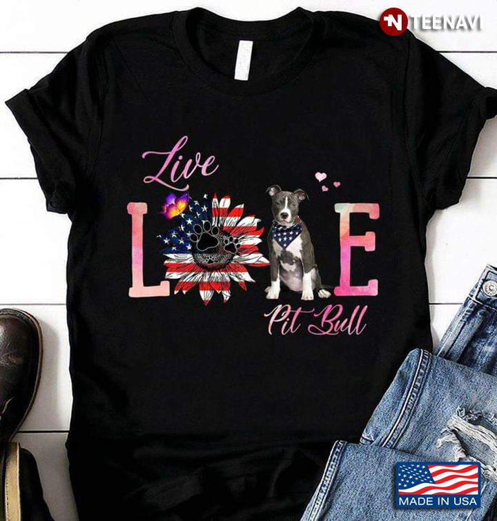 Live Love Pitbull American Flag Sunflower for Patriotic Dog Lover