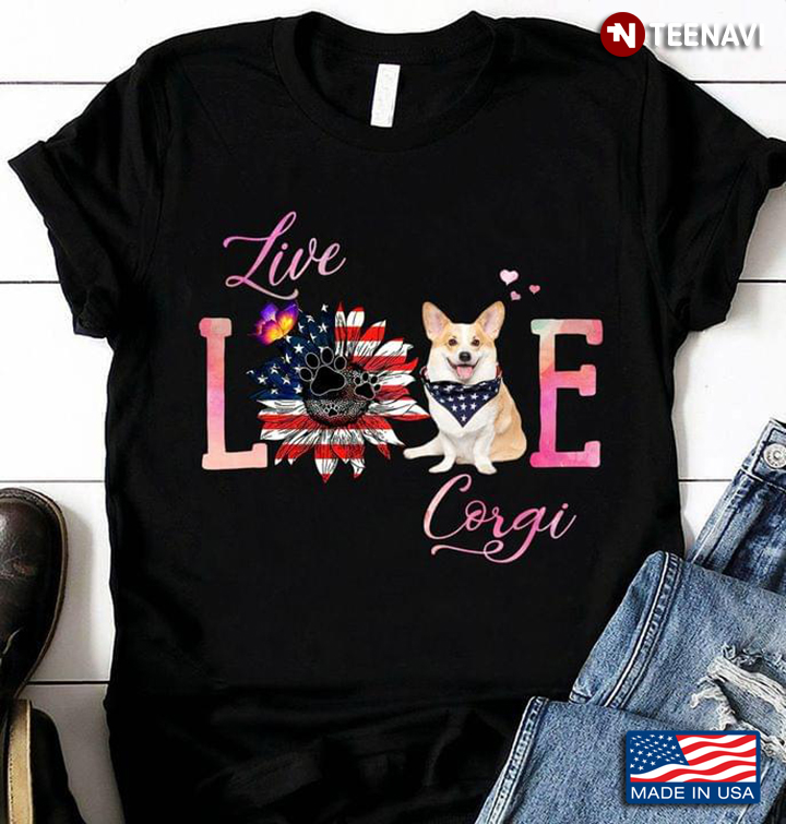 Live Love Corgi American Flag Sunflower for Patriotic Dog Lover