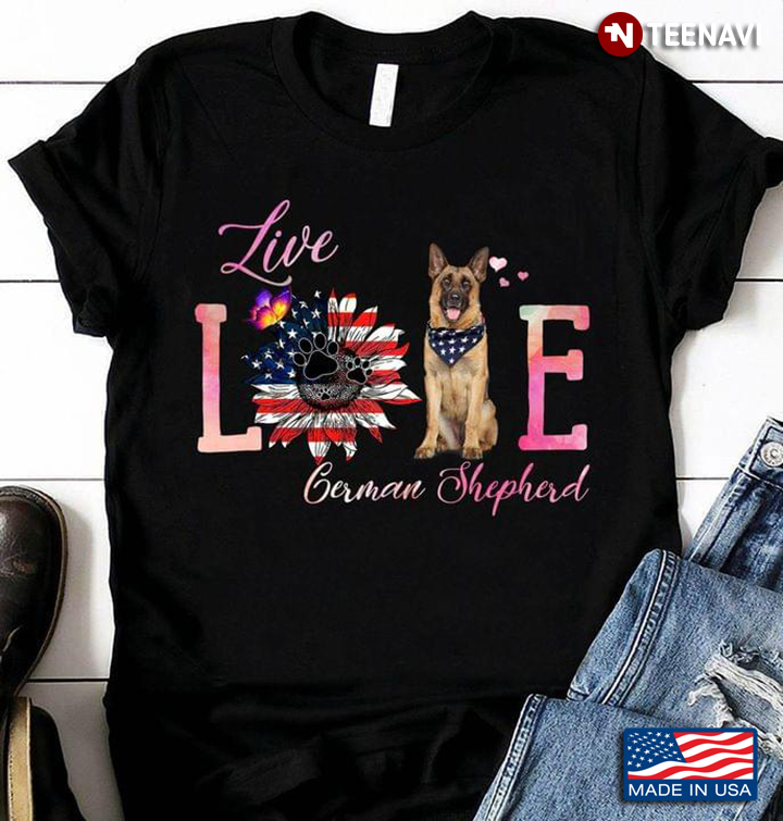Live Love German Shepherd American Flag Sunflower for Patriotic Dog Lover