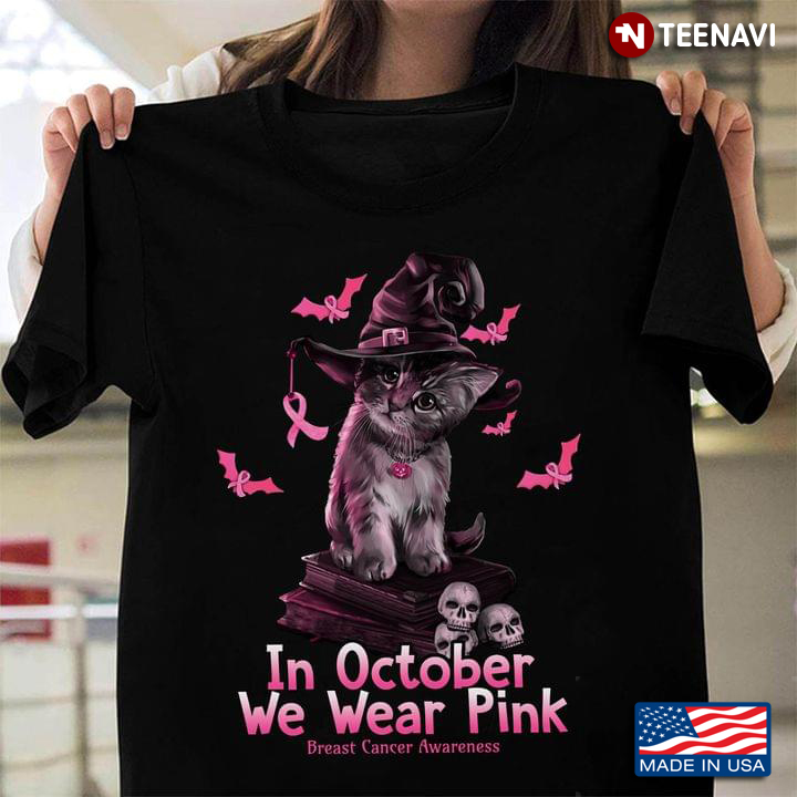 In October We Wear Pink Cat Witch Breast Cancer Awareness for Halloween