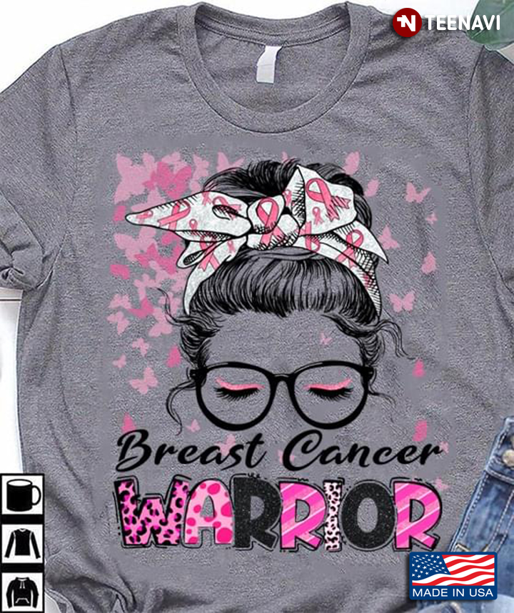 Breast Cancer Warrior Leopard Woman With Pink Ribbons Headband And Glasses